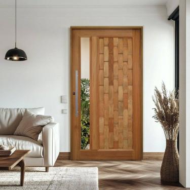 Imagem de Porta Pivotante Couro em Pé com Visor Batente 14 Puxador Barra Chata 80 CM 120 X 210 Direito Rodam Natural