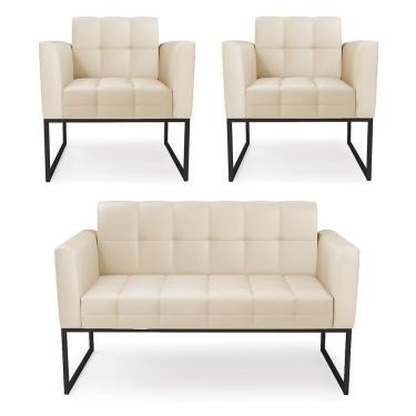 Imagem de Kit 1 Sofá Namoradeira E 2 Poltronas Elisa Corino Base Metálica Industrial Preto - D'rossi Cor Bege