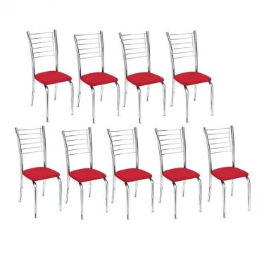 Imagem de Kit 9 Cadeiras De Jantar Lara Cromada Para Cozinha Assento Corino Vermelho - Aurora Line