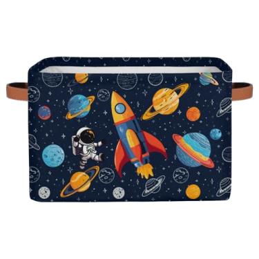 Imagem de LLCXCSI Cesto de armazenamento infantil foguete astronauta organizador dobrável retangular planeta cósmico universo decoração de quarto de menino cestas de presente azuis para berçário prateleira de