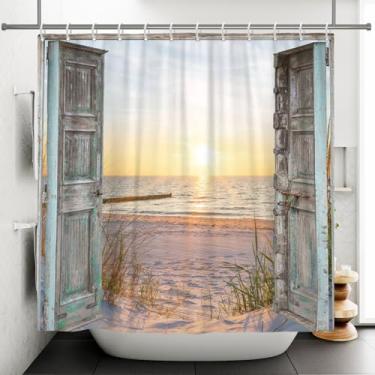 Imagem de Canessioa Boho Cortina de chuveiro de praia costeira à beira-mar nascer do sol náutica paisagem marítima turquesa rústica azul-petróleo porta de celeiro litoral conjunto de cortina de chuveiro 183 x