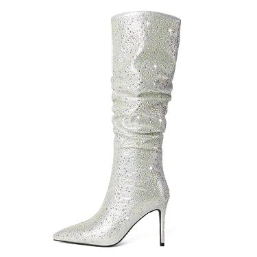 Imagem de Zamikoo Botas Femininas De Cano Alto Com Strass, Bico Fino, Salto Agulha, Alto, Elástico, Tamanho 9,5, Prata, Eua