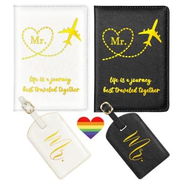 Imagem de Slohif Conjunto de porta-passaporte e etiqueta de bagagem Mr and Mr – Orgulho LGBTQ, acessórios de viagem para lua de mel, presentes de casamento e dia dos namorados para casais gays, Branco e preto