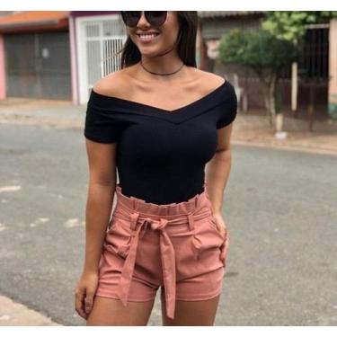 Imagem de Blusa feminina ombro a ombro manga curta malha canelada blogueira - Fi