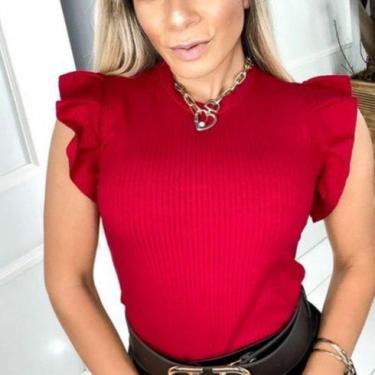 Imagem de Blusa feminina manga babado com elastano malha canelada - Filó Modas, 