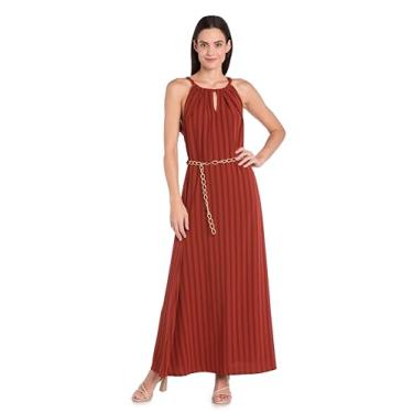 Imagem de Vestido maxi chique, texturizado, frente única, decote fechado, laço nas costas e cinto de corrente dourada, Terracota, M