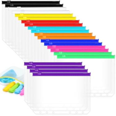 Imagem de Gersoniel 40 peças, 6 anéis, fichário com zíper, 6 bolsos para fichário com zíper, pastas de plástico para fichário, sacos de folhas soltas, à prova d'água, saco de arquivamento de documentos de PVC