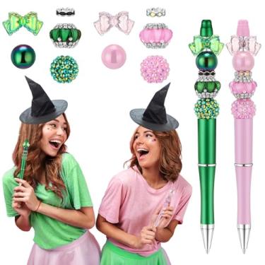 Imagem de Yeaqee Conjunto de 2 canetas de contas de bruxa a granel, lembrancinhas de festa de princesa e bruxa, rosa e verde, canetas de contas de plástico para amigas, meninas, amizade, escritório, escola