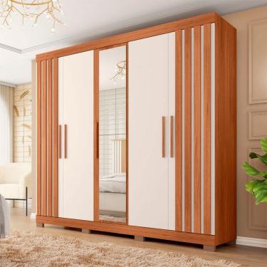 Imagem de Guarda-Roupa Casal Antonella 5 Portas 2 Gavetas com Espelho Freijó/Off White - Pnr Móveis