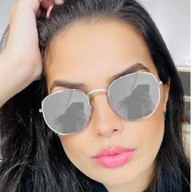 Imagem de Óculos de Sol Hexagonal Lente Preta com Proteção Uv400 Masculino Feminino (Prateado Espelhado)