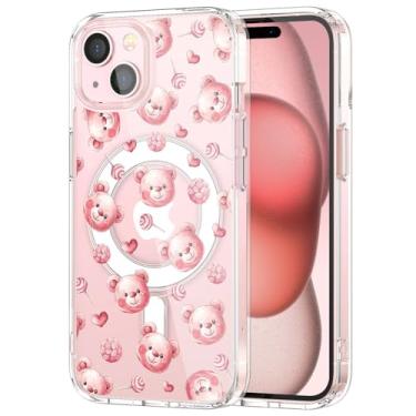 Imagem de MAYCARI Capa para iPhone 15 compatível com ímã, original fofo urso rosa boneca pirulitos capa de telefone magnética transparente para meninas e mulheres capa protetora de telefone TPU macio à prova de