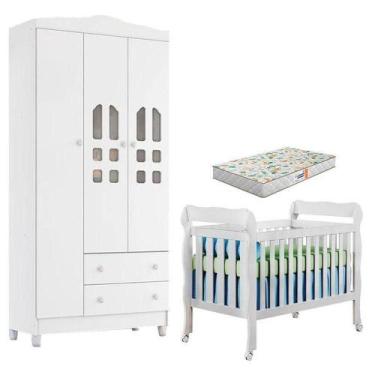 Imagem de Berço Americano Lila E Guarda Roupa Infantil New Selena 3 Portas Branc