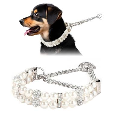 Imagem de KUDES Coleira de luxo para cães martingale com pérolas e cristais – coleira de corrente de estrangulamento de treinamento sem puxar – Acessórios para colar brilhante glamoroso para cães de raças