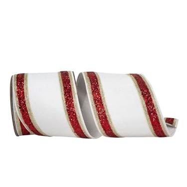 Imagem de Reliant Ribbon Fita Dupioni Regalia Glitter Deluxe com borda com fio, branco/vermelho