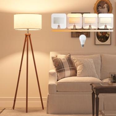 Imagem de LiteHistory Candeeiros de chão de tripé de madeira para sala de estar, quarto e escritório, luminária de pé com sombra de linho bege, lâmpada de três cores de 12 W incluída, interruptor de corrente
