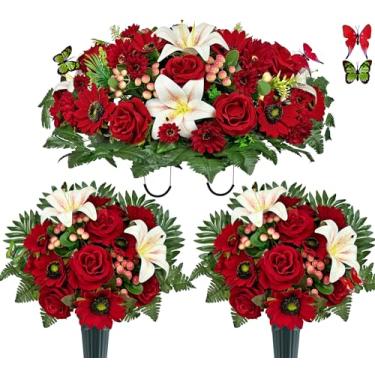 Imagem de MUVIC Flor de cemitério artificial para sepultura - conjunto de três peças, rosa, gerbera, lírio, baga