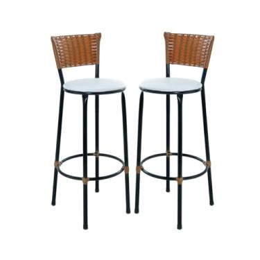 Imagem de Kit 2 Banquetas Cadeiras Altas Bistrô Encosto em Junco Imbuia Para Bancadas, Cozinhas e Áreas externas (BRANCO)