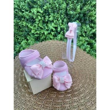 Imagem de Sapatinho de bebê Com Tiara De Laço - Sapatilha Boneca Feminina Batiza