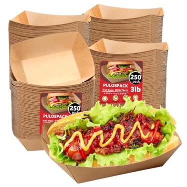 Imagem de Pacote com 250 bandejas descartáveis de 1,4 kg para comida de papel Kraft à prova de vazamento, bandejas descartáveis de nacho, para batatas fritas, cachorros-quentes, pipoca, lanches, churrasco