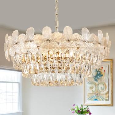 Imagem de Poemoon 11 luzes flor moderna elegante lustre de cristal 6 camadas 61.0 cm luxuoso lustre dourado luminária para sala de estar sala de jantar cozinha entrada quarto hall de entrada, E12
