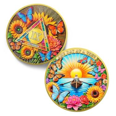 Imagem de Moeda de Sobriedade 9 Anos Remo Rumo à Recuperação - One Day at A Time 9 Anos Moedas AA - Colorido Triângulo Girassol NA AA Chips e Medalhões - 1-10 Presentes Prime Narcóticos Alcoólicos Anônimos para