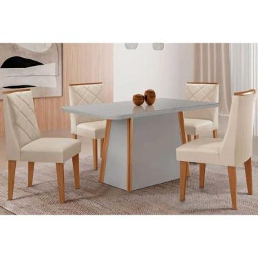Imagem de Conjunto Sala de Jantar Tilia c/ Tampo Madeirado c/ Vidro Canto Curvo 120x80cm e 4 Cadeiras Maldivas Madeira Maciça Naturale/Off White - Capuccino/Sue