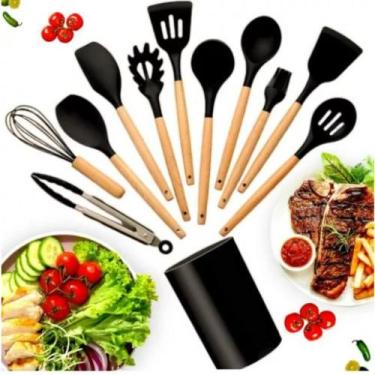 Imagem de Kit 12 Peças UTENSÍLIOS DE COZINHA Talheres Silicone Madeira linha PRE