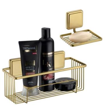 Imagem de Kit Suporte Porta Shampoo Prateleira Saboneteira Banheiro Adesivo Dupl
