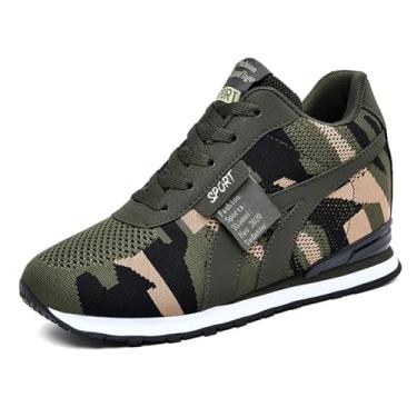 Imagem de ESXGED Tênis Plataforma Camuflados Femininos, Salto Alto Invisível, Malha, Tecido Casual, Verde Militar (Malha), Tamanho 11W