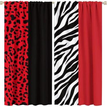 Imagem de Cortinas vermelhas pretas com estampa de animais leopardo e zebra, cortinas com isolamento térmico, 2 painéis, escurecimento de quarto para sala de estar, quarto, janela, tratamentos de 106,7 x 114 cm