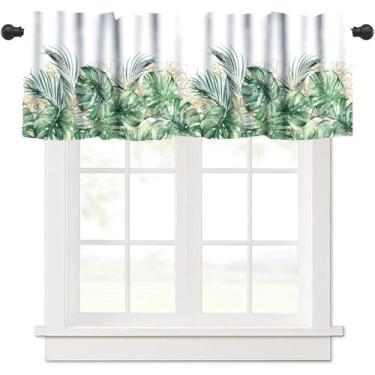 Imagem de BATPLY Cortinas de saia de folhas de palmeira, moderno minimalista boêmio primavera verde dourado padrão de plantas tropicais blackout decoração de casa janela curta tratamentos cortinas para quarto