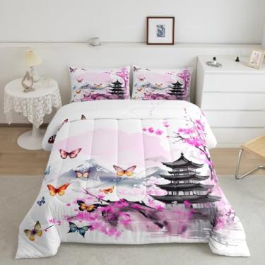 Imagem de Conjunto de edredom estilo japonês, solteiro, rosa, flor de cerejeira, edredom e edredom de borboleta colorida, aquarela com tinta oriental, edredom, roupa de cama de microfibra ultramacia, 2 peças