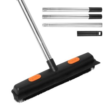 Imagem de Escova de borracha com cabo longo telescópico de 122 cm, vassoura de borracha com rodo, vassoura de remoção de pelos de animais de estimação versátil resistente à ferrugem para limpeza de piso de