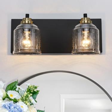 Imagem de YKLITG Luminária de banheiro de fazenda grande de 40 cm, luz de vaidade preta e dourada com persianas de vidro bolha, luminárias de arandela rústica de 2 luzes sobre o espelho. BD005-2-BG