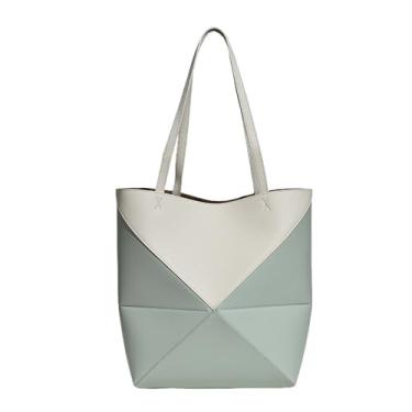 Imagem de Bolsa feminina de couro legítimo, bolsa de trabalho geométrica dobrável, bolsas de grande capacidade para viagens, Azul + branco, One Size