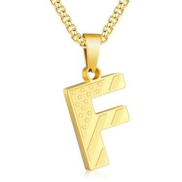 Imagem de Zocomi Colar com pingente de inicial da bandeira americana para homens e meninos, corrente de aço inoxidável 316L A-Z caixa de letras 50 + 5 cm joias presentes, Aço inoxidável, Sem Pedra Preciosa