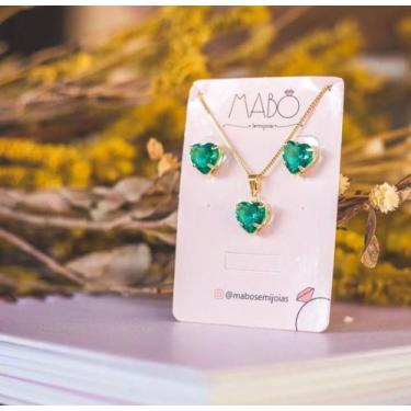 Imagem de Conjunto de semi jóia, brincos e colar dourado com pedra verde. - Mabô