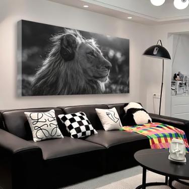 Imagem de JLXART Arte de parede em tela leão preto e branco decoração animal ouvir música pintura para sala de estar quarto casa escritório decoração galeria embrulhado 50,8 x 101,6 cm
