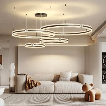 Imagem de Lustre circular grande regulável moderno de meados do século, luzes pendentes para sala de estar, restaurante, quarto, lobby de hotel, lustre circular preto com design faça você mesmo de 3/4