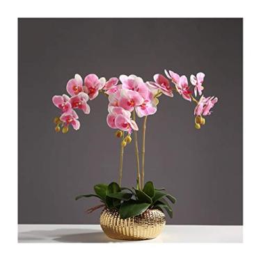 Imagem de DCYEQRQ Flor artificial em vaso orquídea artificial Phalaenopsis com vaso de flores douradas, buquê de flores falsas de plástico para festa de jardim em casa, jardim, plantas, arranjos de flores