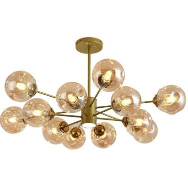 Imagem de SRSXYMBD Lustre de LED moderno dourado Sputnik luminária pendente industrial 6 cinza fumê âmbar aglomerado bola bolha casa de fazenda luz de teto para mesa de jantar, cozinha, quarto, sala de estar