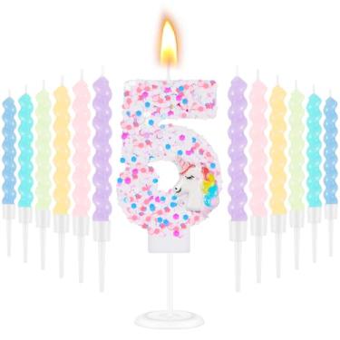 Imagem de MTLEE Número 5 velas de aniversário unicórnio número topo de bolo com 12 velas espirais arco-íris para meninas bolo de aniversário unicórnio lantejoulas decorações de festa de princesa (cores