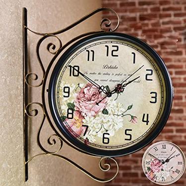Imagem de EHVYBDX Relógio de parede de jardim ao ar livre, relógio retrô de ferro forjado, estação dupla face, relógio de jardim, rotação, impermeável, relógio externo, decorativo, relógio externo