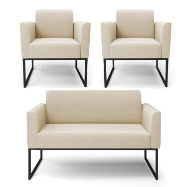 Imagem de Sofá Namoradeira Com 2 Poltronas Base Industrial Preto Marisa Suede Cor Bege