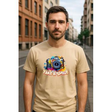 Imagem de Camiseta 100% Algodão Estampa Câmera Fotográfica Retrô - Lhshop, Bege,