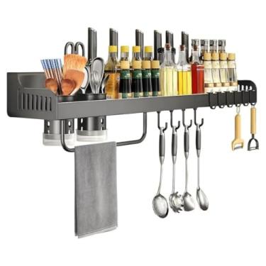 Imagem de Prateleira Organizador Suspenso Multiuso de Parede em Aço Carbono 48cm com Suporte e Ganchos – Porta Temperos, Utensílios e Acessórios para Cozinha, Banheiro e Lavanderia – Cor Preta