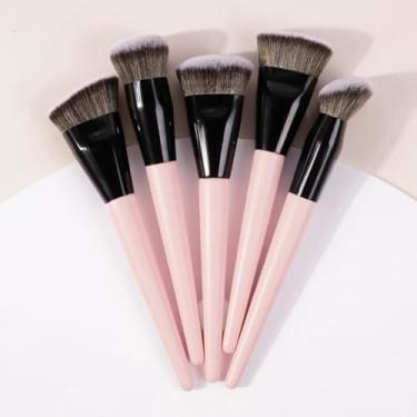 Imagem de Kit de pincel de base angular e plana de 5 peças, ferramentas profissionais de maquiagem facial, rosa