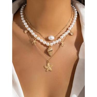 Imagem de Conjunto de colar com pingente de concha de metal boêmio e estrela do mar, imitação de pérola, conjunto de colar de resort de praia (branco)