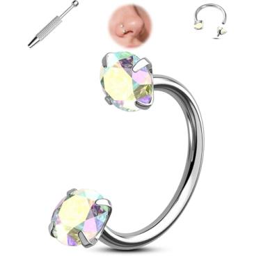 Imagem de Jewseen Anel de nariz em ferradura de titânio, 20G, zircônia cúbica dupla, anel de nariz para mulheres 7 mm roscado internamente aço cirúrgico lábio hélice daith tragus septo piercing joias para