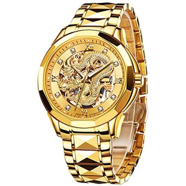 Imagem de JSDUN Relógio masculino automático mecânico oco dragão relógio luxuoso formal ouro diamante 50 m à prova d'água aço tungstênio luminoso, Mostrador dourado